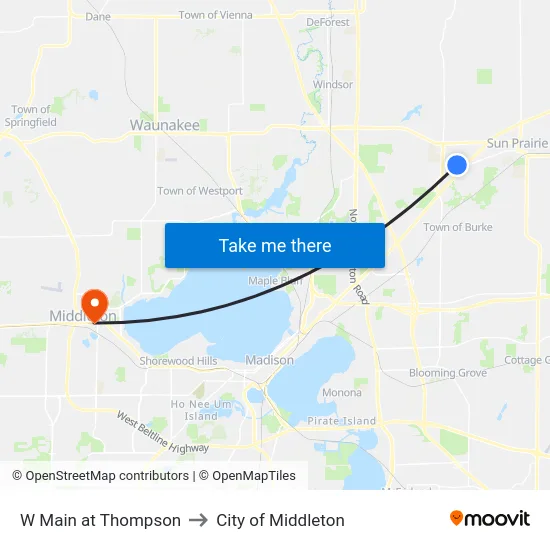 W Main at Thompson to City of Middleton map