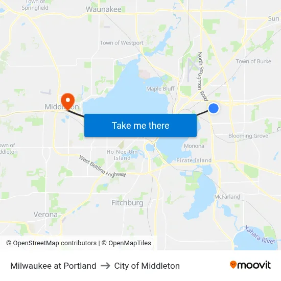 Milwaukee at Portland to City of Middleton map