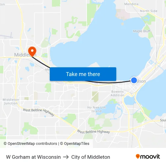 W Gorham at Wisconsin to City of Middleton map
