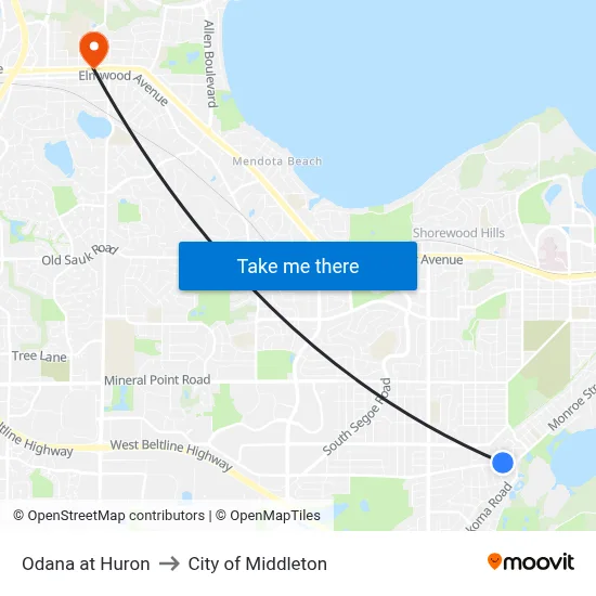 Odana at Huron to City of Middleton map