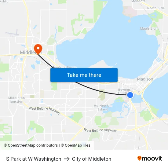 S Park at W Washington to City of Middleton map