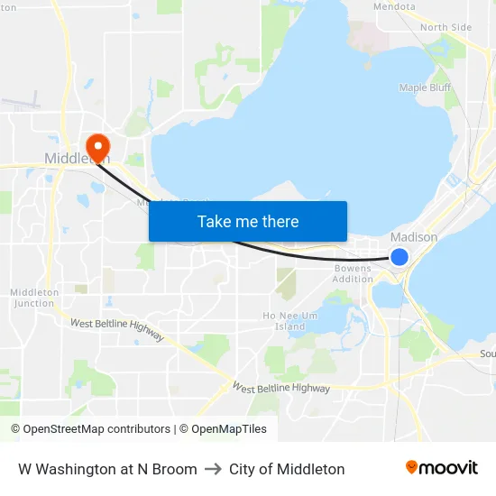 W Washington at N Broom to City of Middleton map