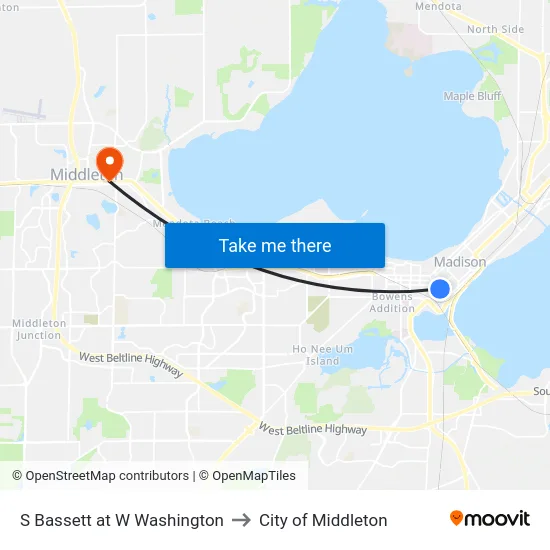 S Bassett at W Washington to City of Middleton map