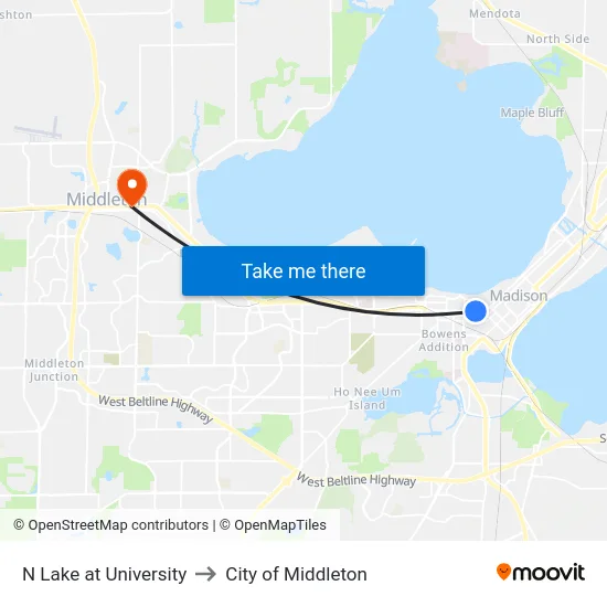 N Lake at University to City of Middleton map