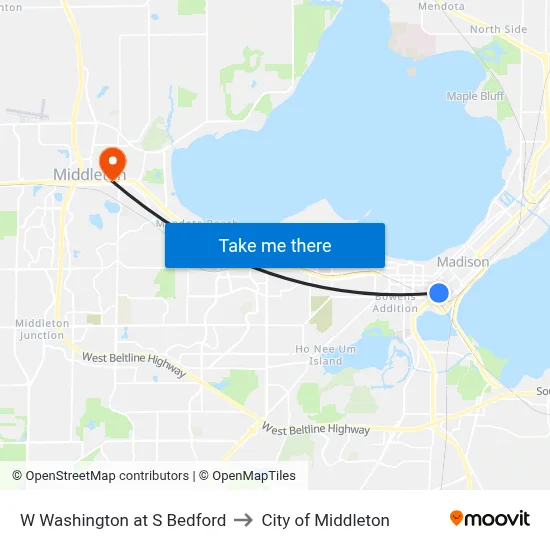 W Washington at S Bedford to City of Middleton map