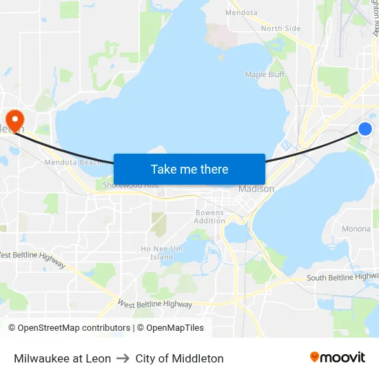 Milwaukee at Leon to City of Middleton map