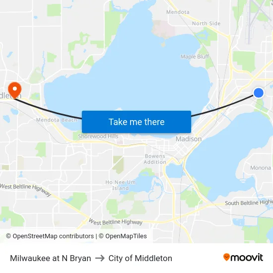 Milwaukee at N Bryan to City of Middleton map