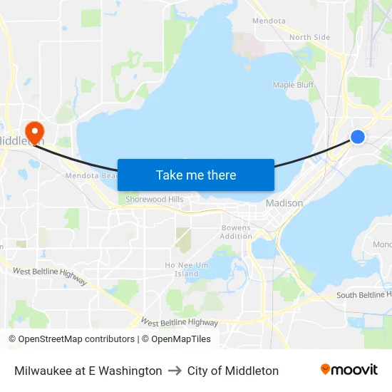 Milwaukee at E Washington to City of Middleton map