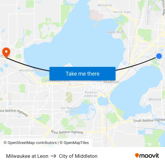 Milwaukee at Leon to City of Middleton map