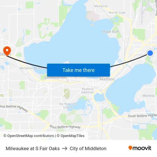 Milwaukee at S Fair Oaks to City of Middleton map