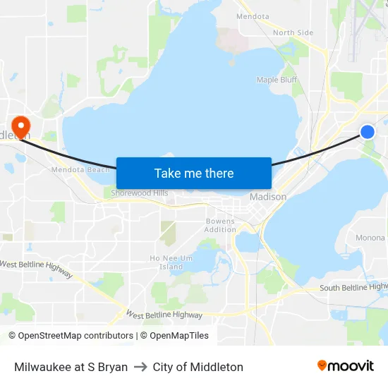 Milwaukee at S Bryan to City of Middleton map