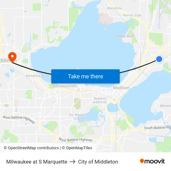 Milwaukee at S Marquette to City of Middleton map