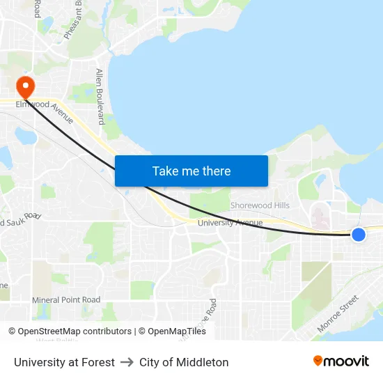 University at Forest to City of Middleton map