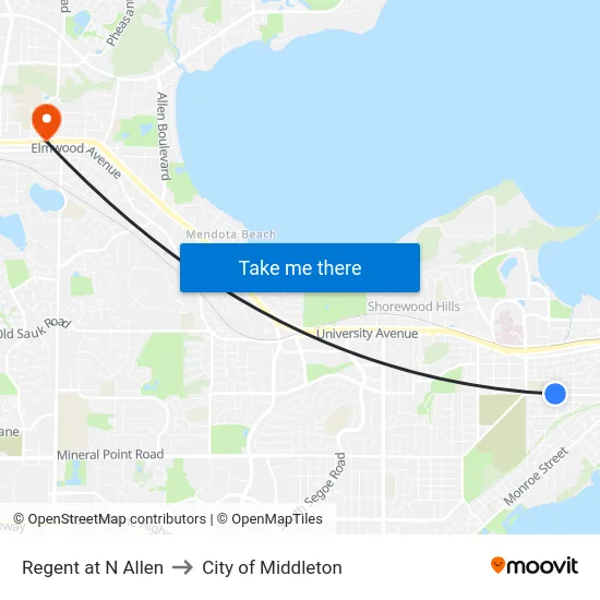 Regent at N Allen to City of Middleton map