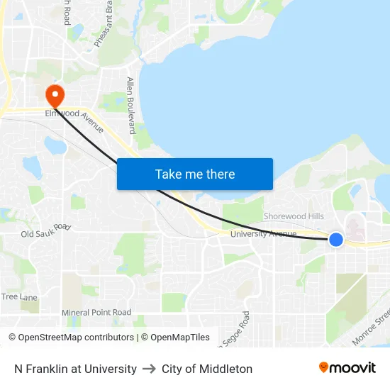 N Franklin at University to City of Middleton map