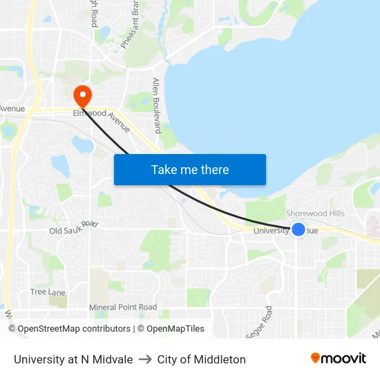 University at N Midvale to City of Middleton map