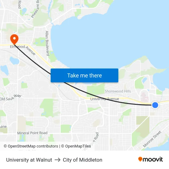 University at Walnut to City of Middleton map