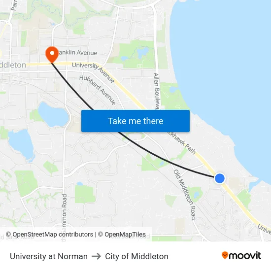 University at Norman to City of Middleton map