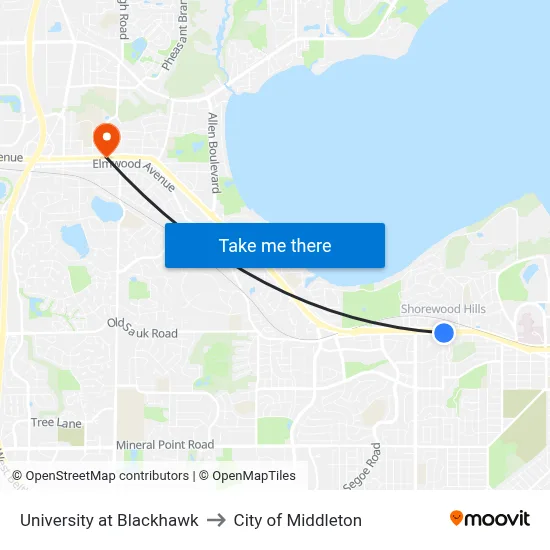University at Blackhawk to City of Middleton map
