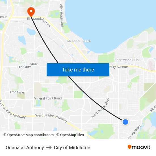 Odana at Anthony to City of Middleton map
