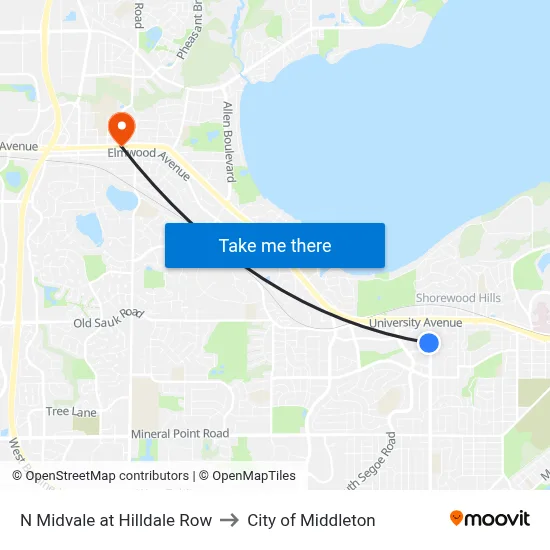 N Midvale at Hilldale Row to City of Middleton map