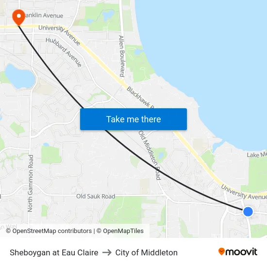 Sheboygan at Eau Claire to City of Middleton map
