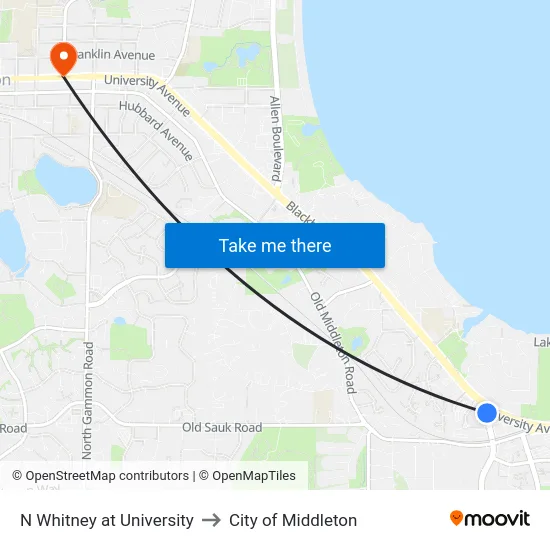 N Whitney at University to City of Middleton map