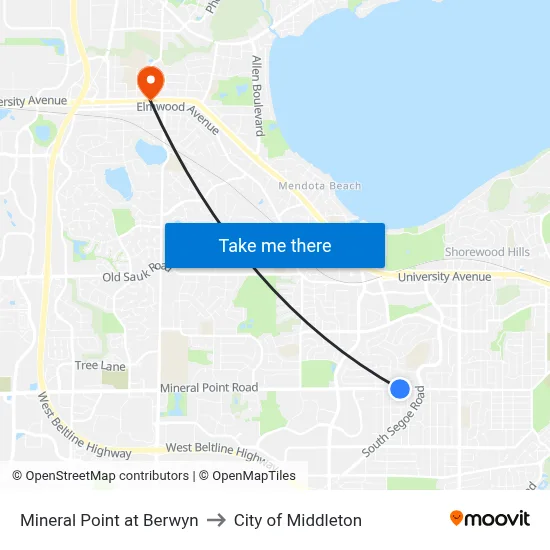 Mineral Point at Berwyn to City of Middleton map