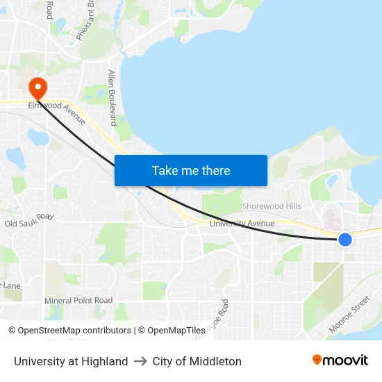 University at Highland to City of Middleton map