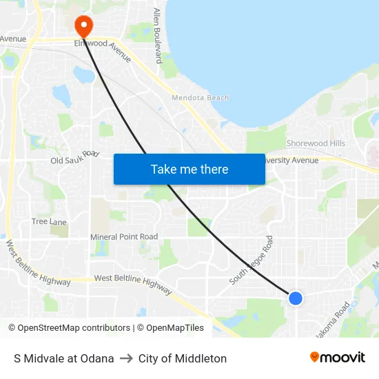 S Midvale at Odana to City of Middleton map