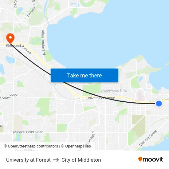 University at Forest to City of Middleton map