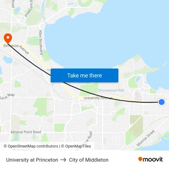 University at Princeton to City of Middleton map