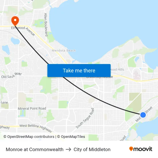 Monroe at Commonwealth to City of Middleton map