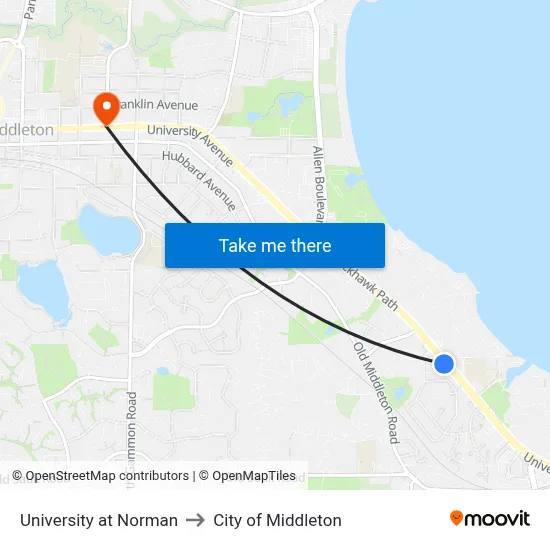 University at Norman to City of Middleton map