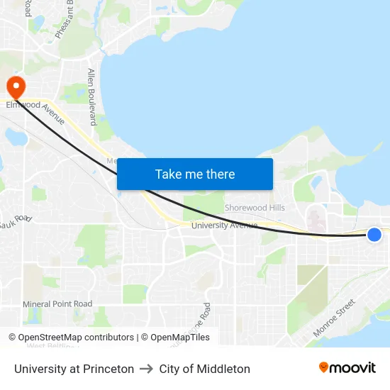 University at Princeton to City of Middleton map