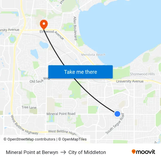 Mineral Point at Berwyn to City of Middleton map