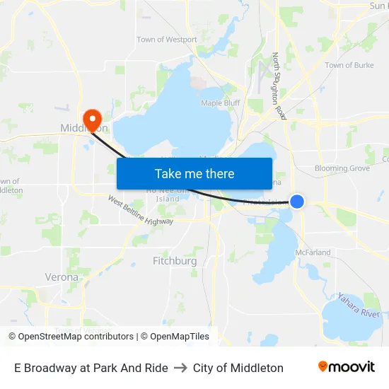 E Broadway at Park And Ride to City of Middleton map