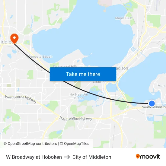 W Broadway at Hoboken to City of Middleton map
