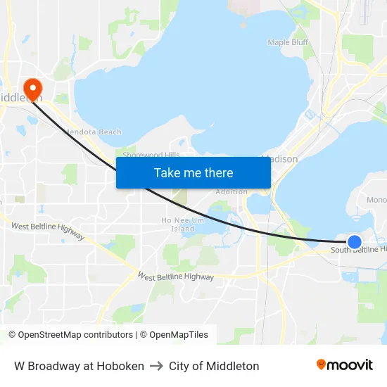 W Broadway at Hoboken to City of Middleton map