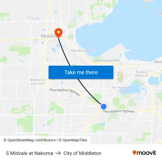 S Midvale at Nakoma to City of Middleton map