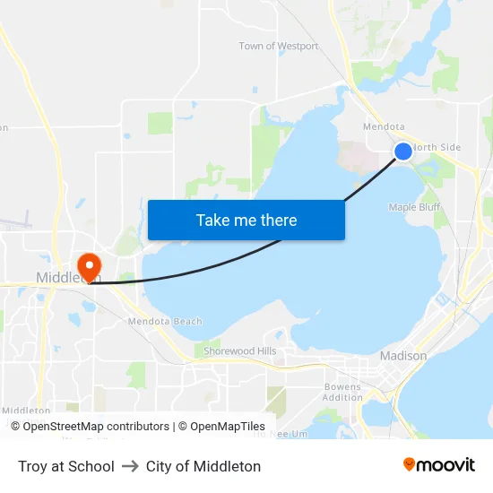 Troy at School to City of Middleton map