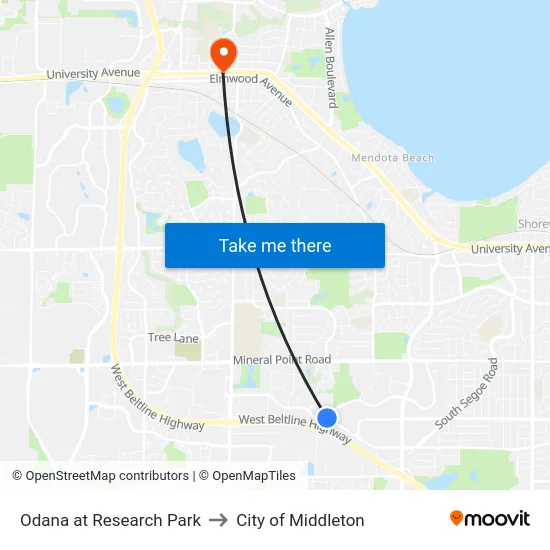 Odana at Research Park to City of Middleton map