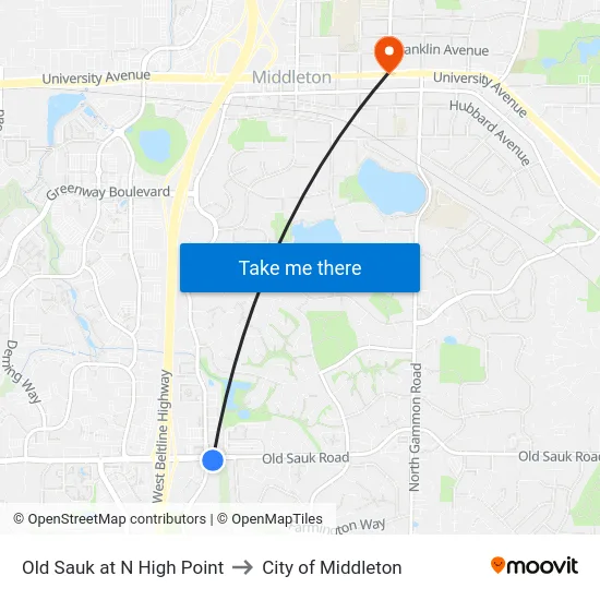 Old Sauk at N High Point to City of Middleton map