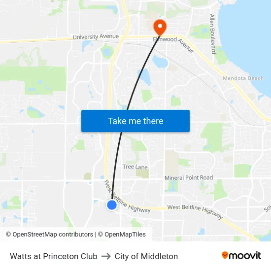 Watts at Princeton Club to City of Middleton map