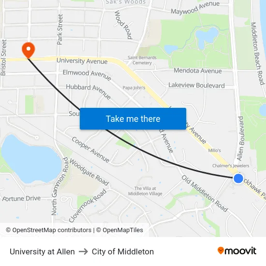 University at Allen to City of Middleton map