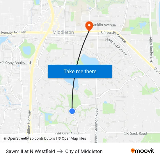 Sawmill at N Westfield to City of Middleton map