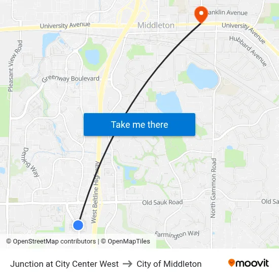 Junction at City Center West to City of Middleton map