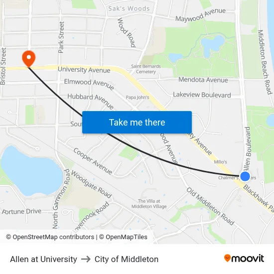 Allen at University to City of Middleton map
