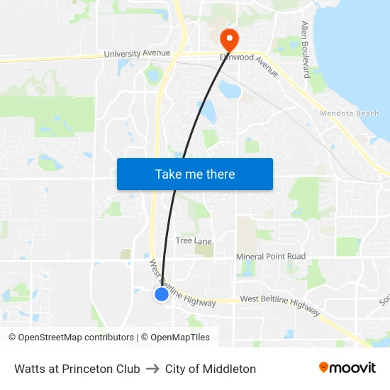 Watts at Princeton Club to City of Middleton map