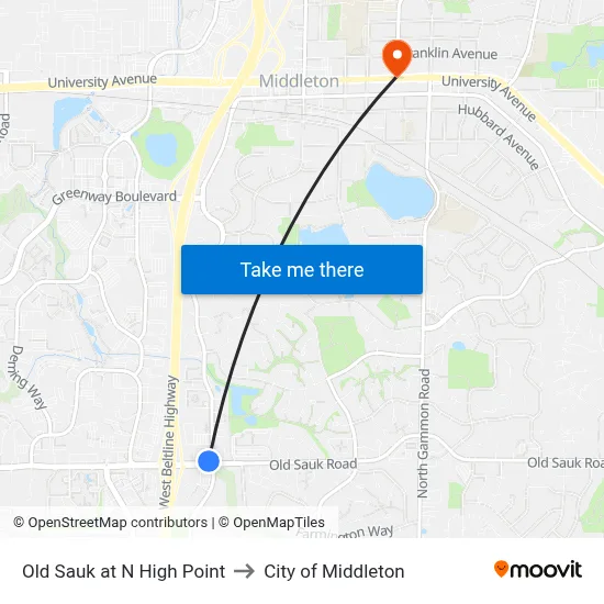 Old Sauk at N High Point to City of Middleton map